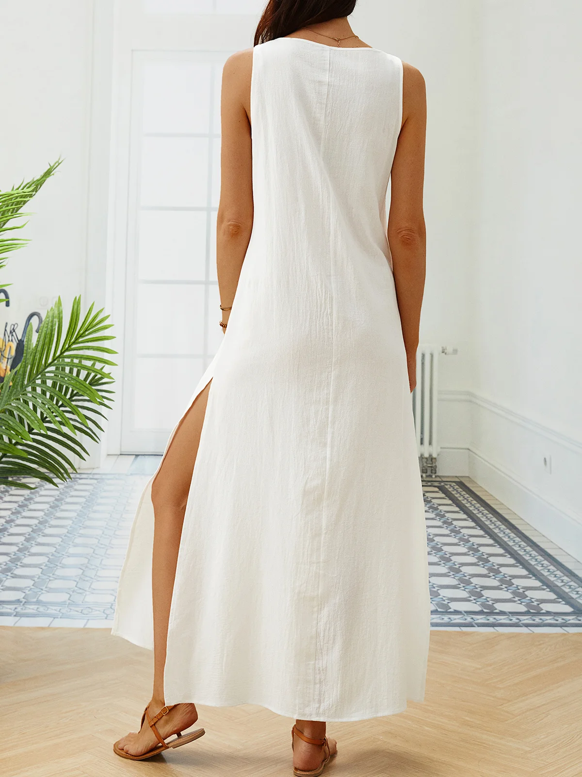 Loosen Vacation Linen Simple  Ethnic V Neck Short sleeve Woven Dress