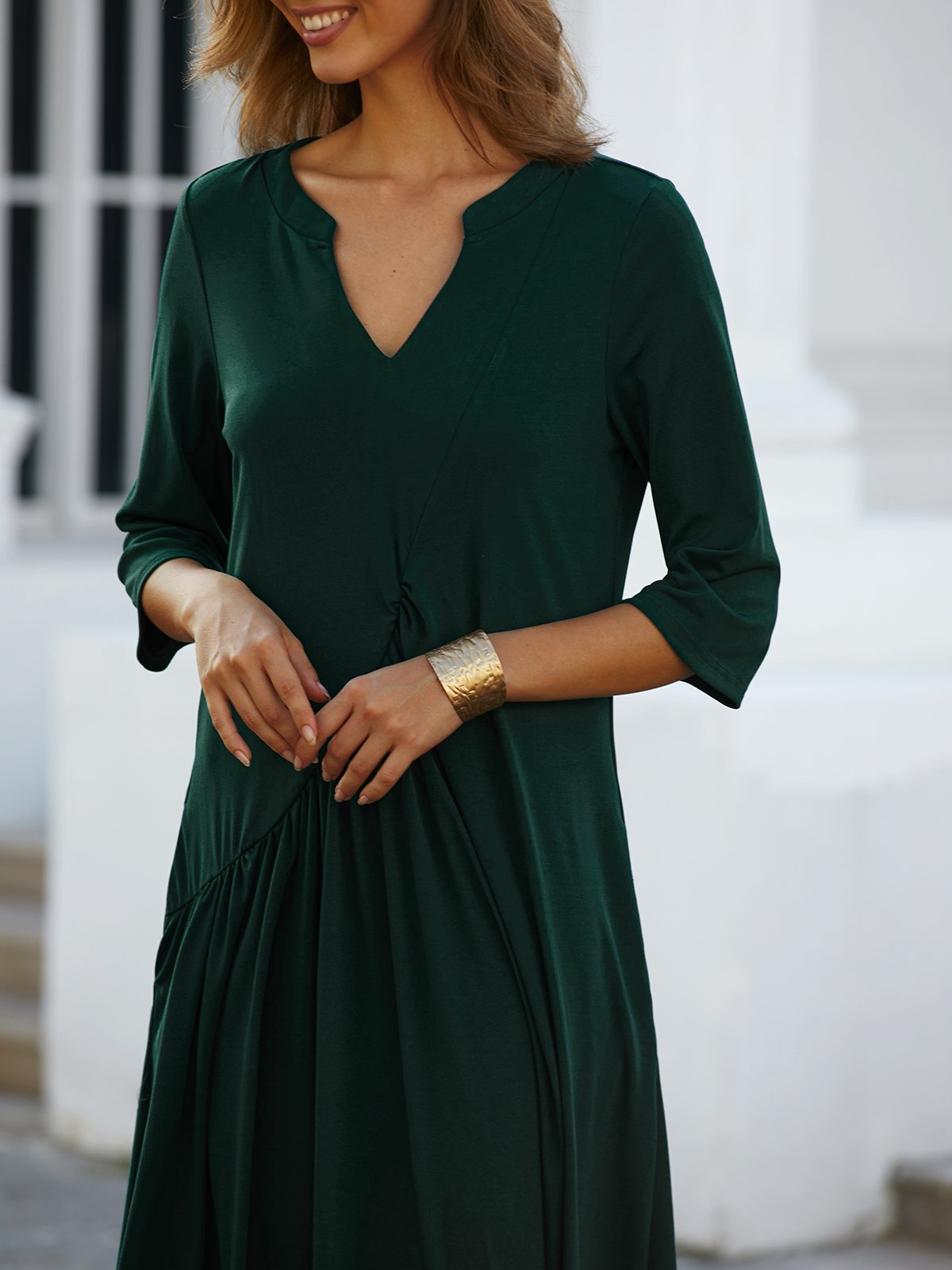 V Neck Plain Casual Ruched Dresses