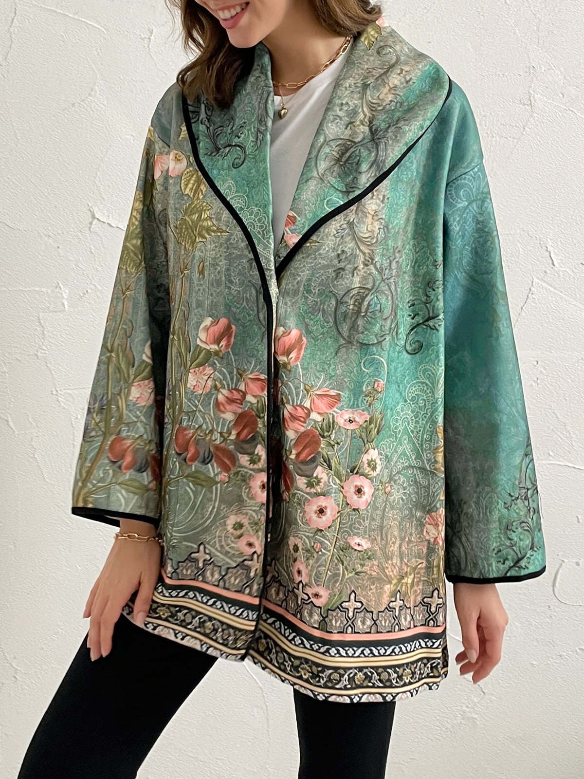 Vintage Flower Lake Lapel Mid Length Coat