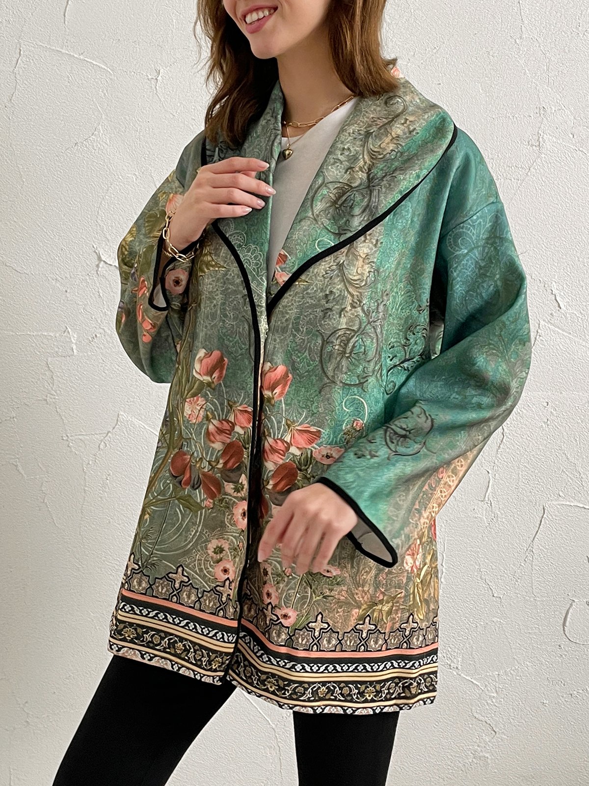 Vintage Flower Lake Lapel Mid Length Coat