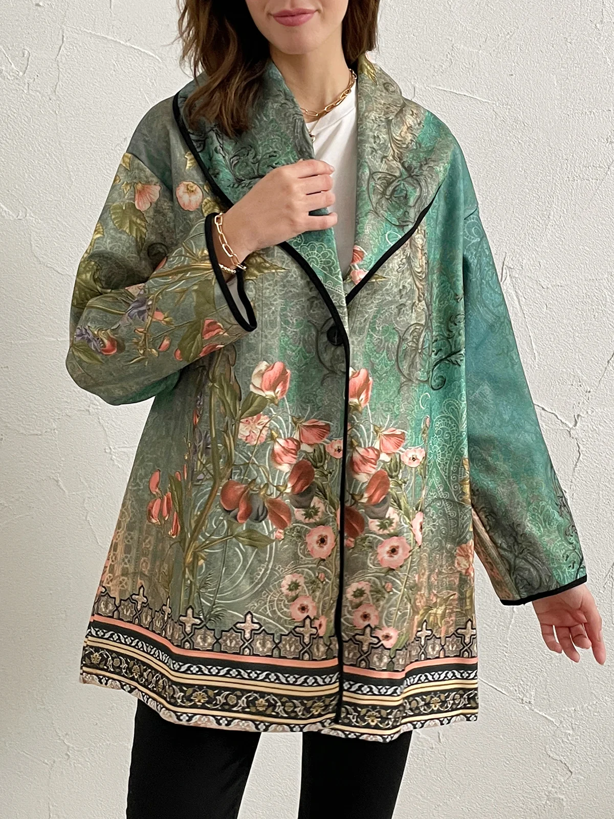 Vintage Flower Lake Lapel Mid Length Coat