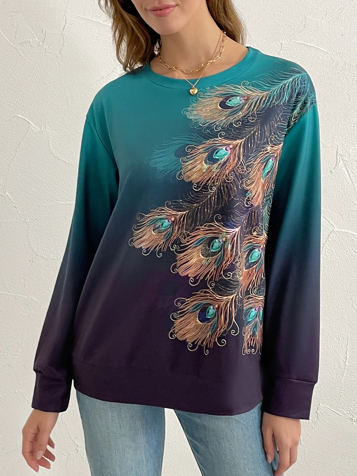 Casual Crew Neck Feather Sweatshirt