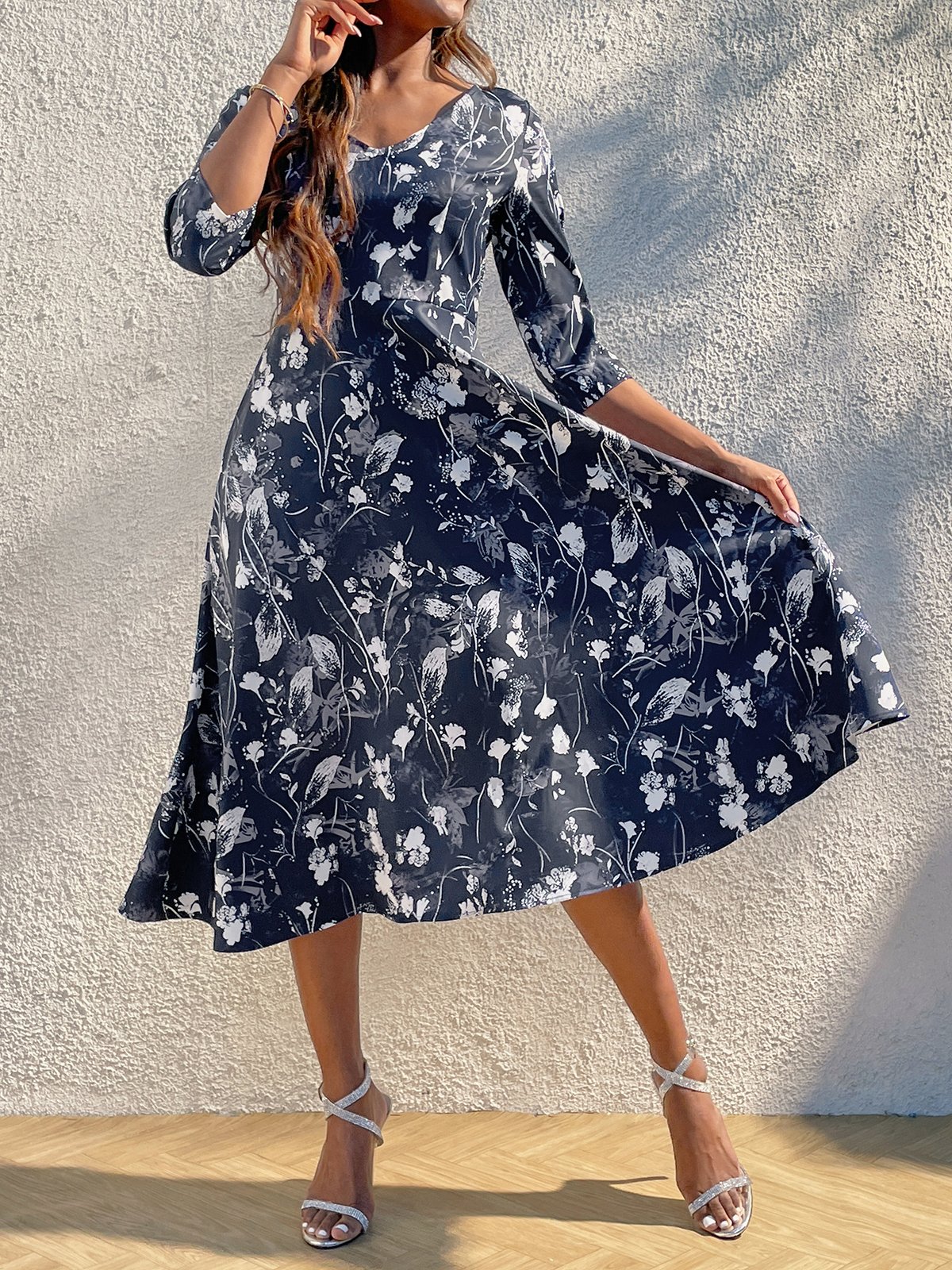 Elegant V Neck Floral Swing Dresses