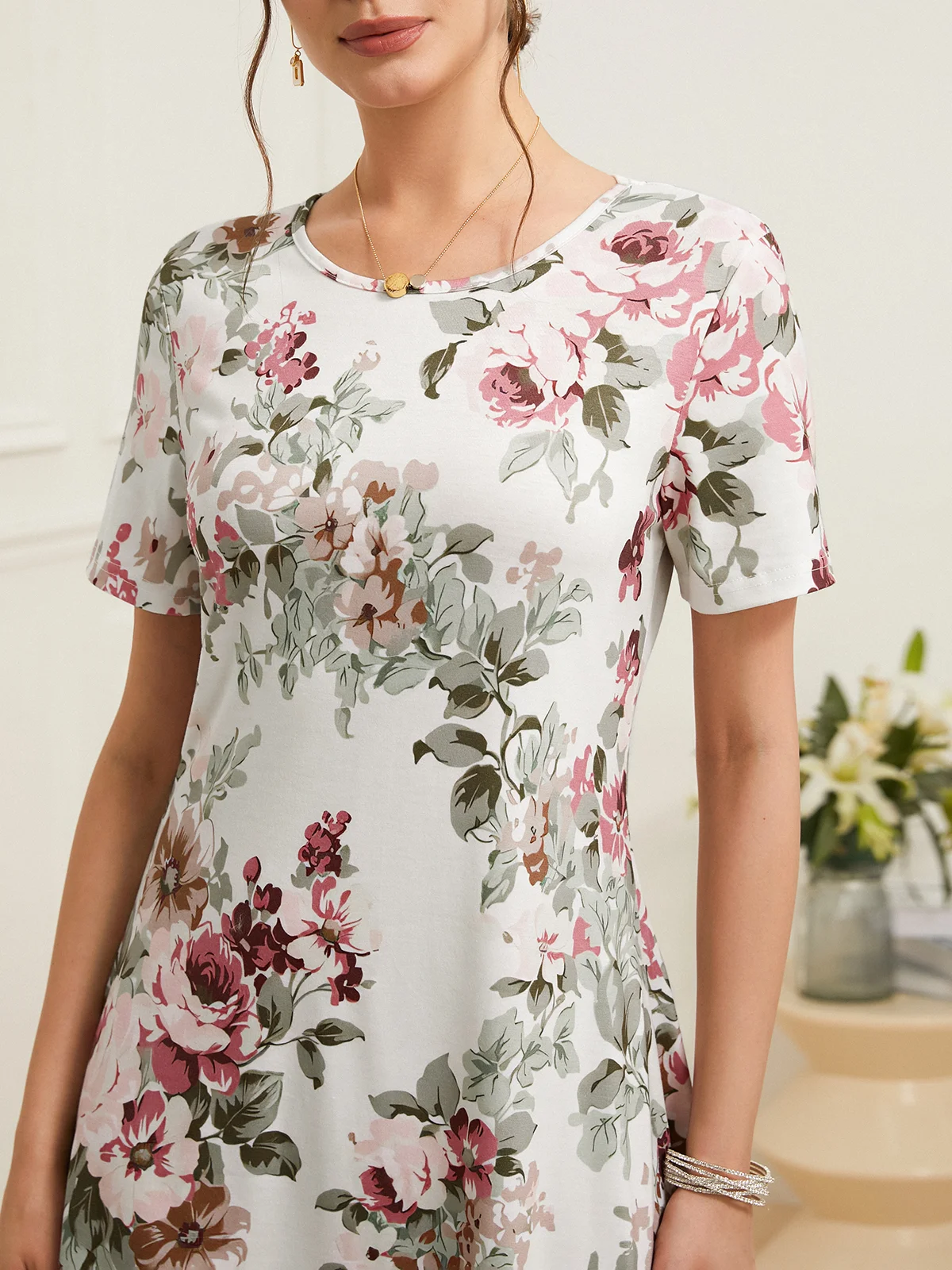 Cotton-Blend Elegant Floral Loose Dress