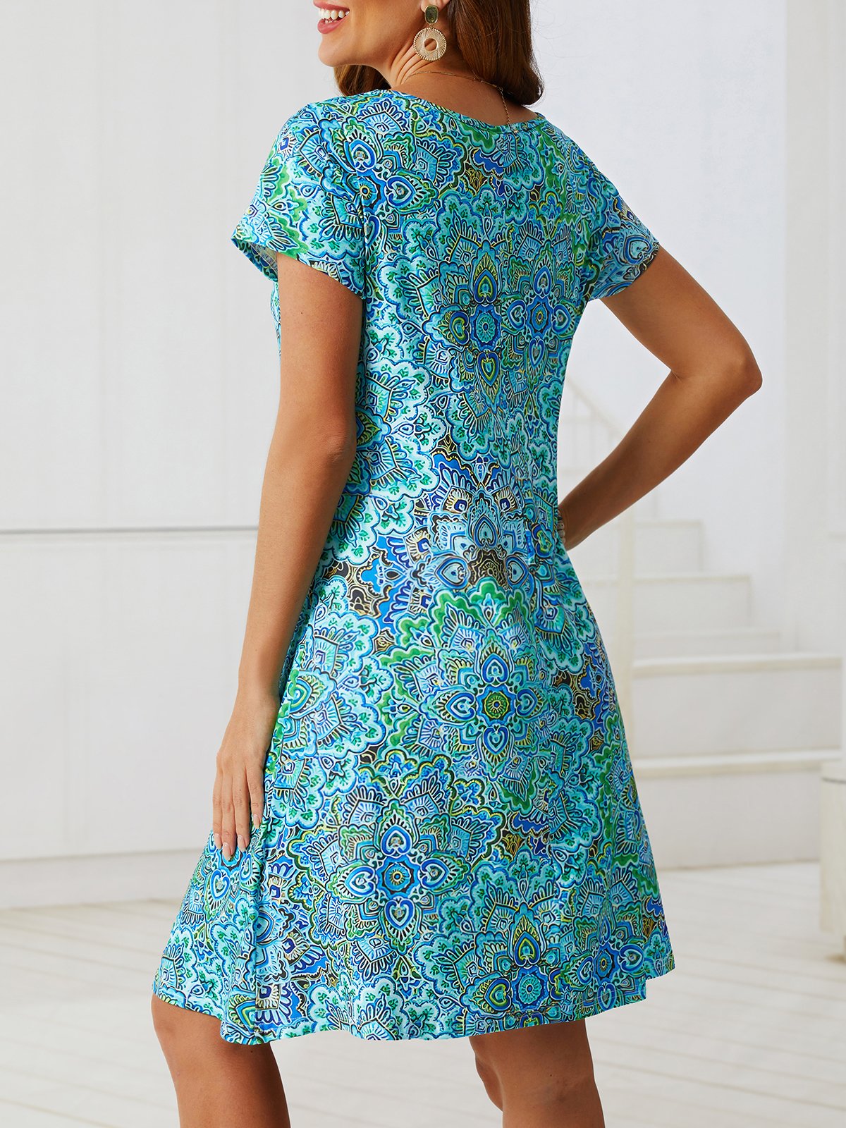 Paisley V Neck Loosen Short Sleeve Knit Dress