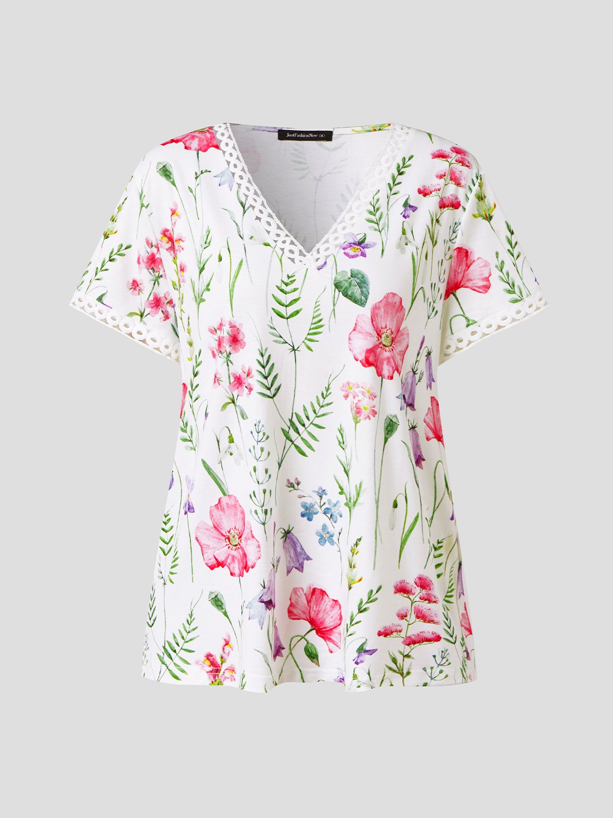 Floral V-Neck Lace Short Sleeve Top