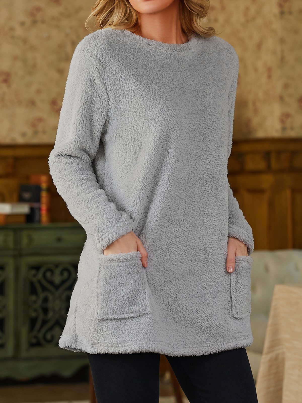 Plush Crew Neck Casual Thermal Dress