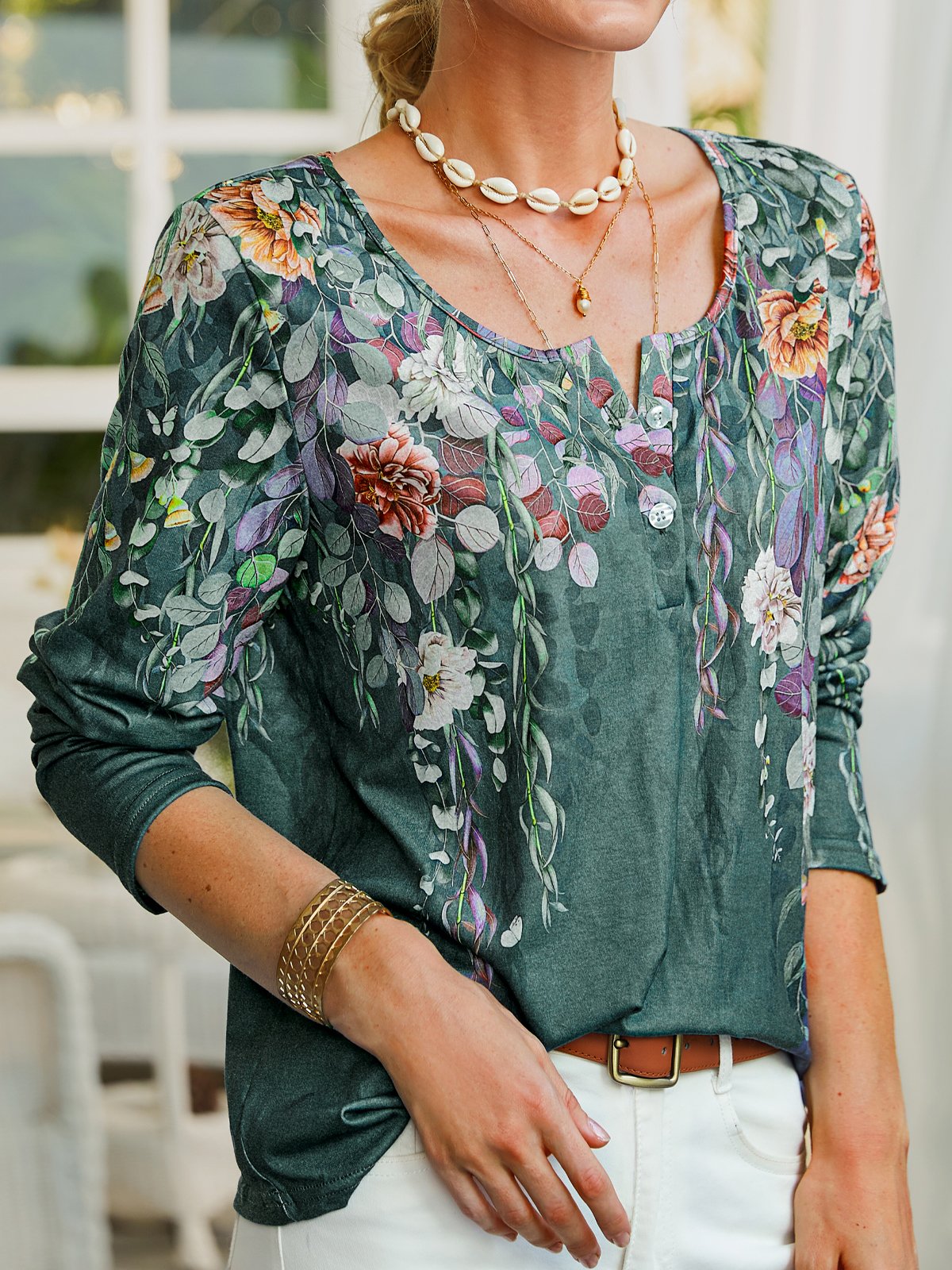 Leaf Cotton-Blend Loose Tops