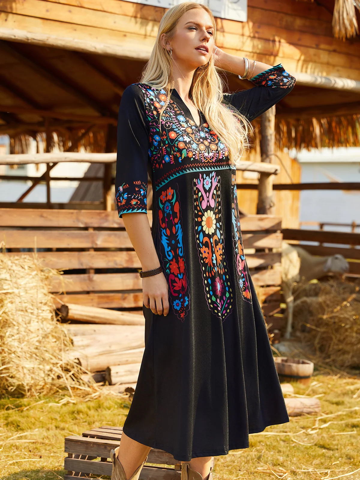 V Neck Boho Regular Fit Dress