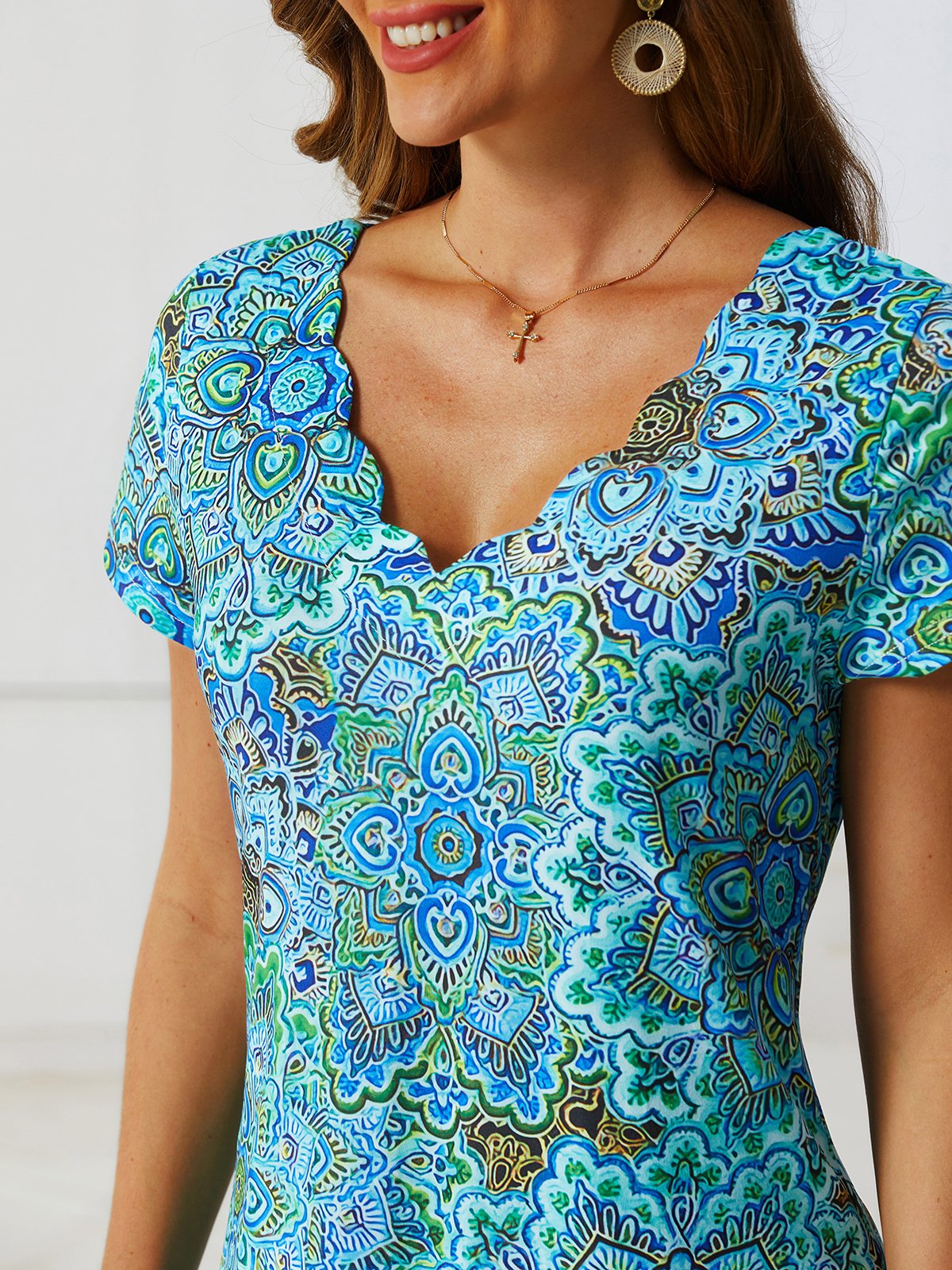 Paisley V Neck Loosen Short Sleeve Knit Dress