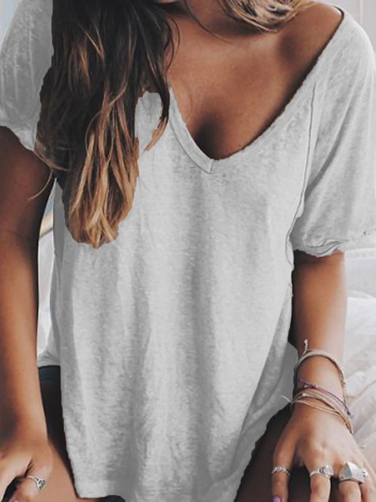 Women Summer V neck Loose T Shirt Top