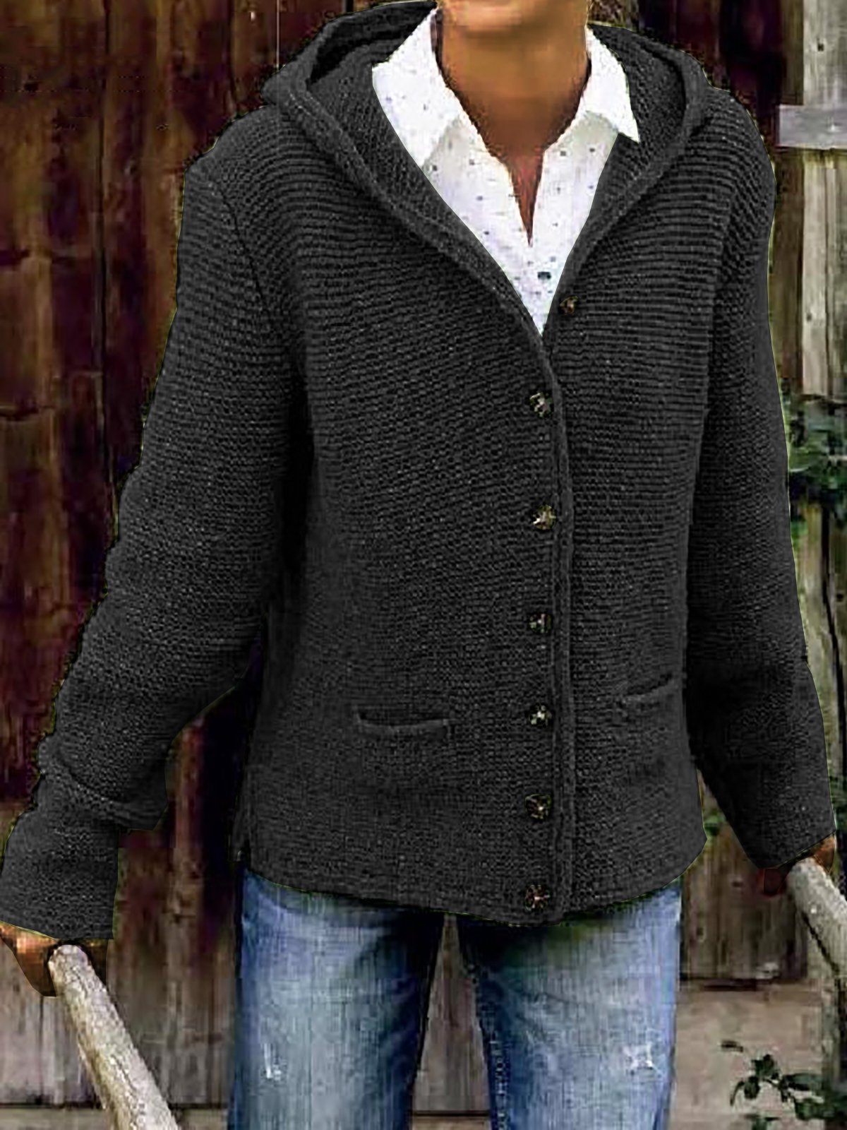 Hooded Buttoned Knitted Cardigan Sweater Sweater coat