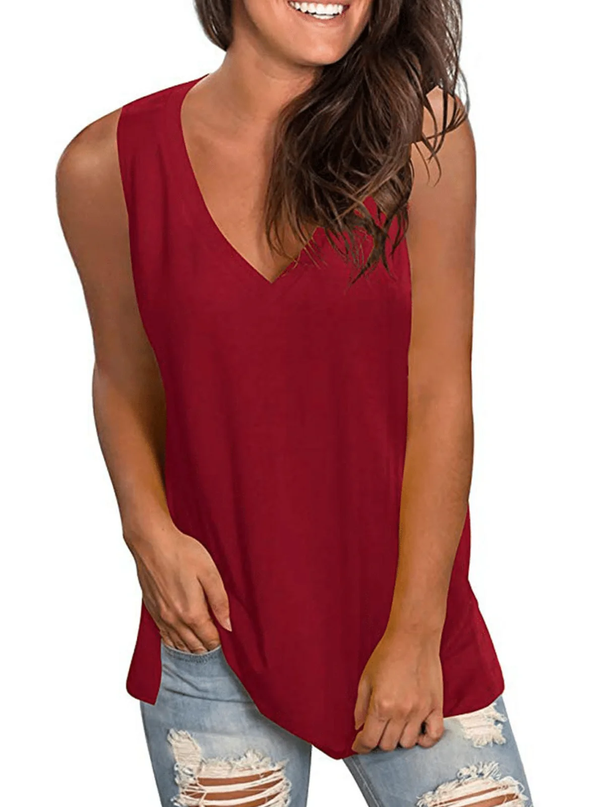 Solid Casual Sleeveless Cotton-Blend T-shirt