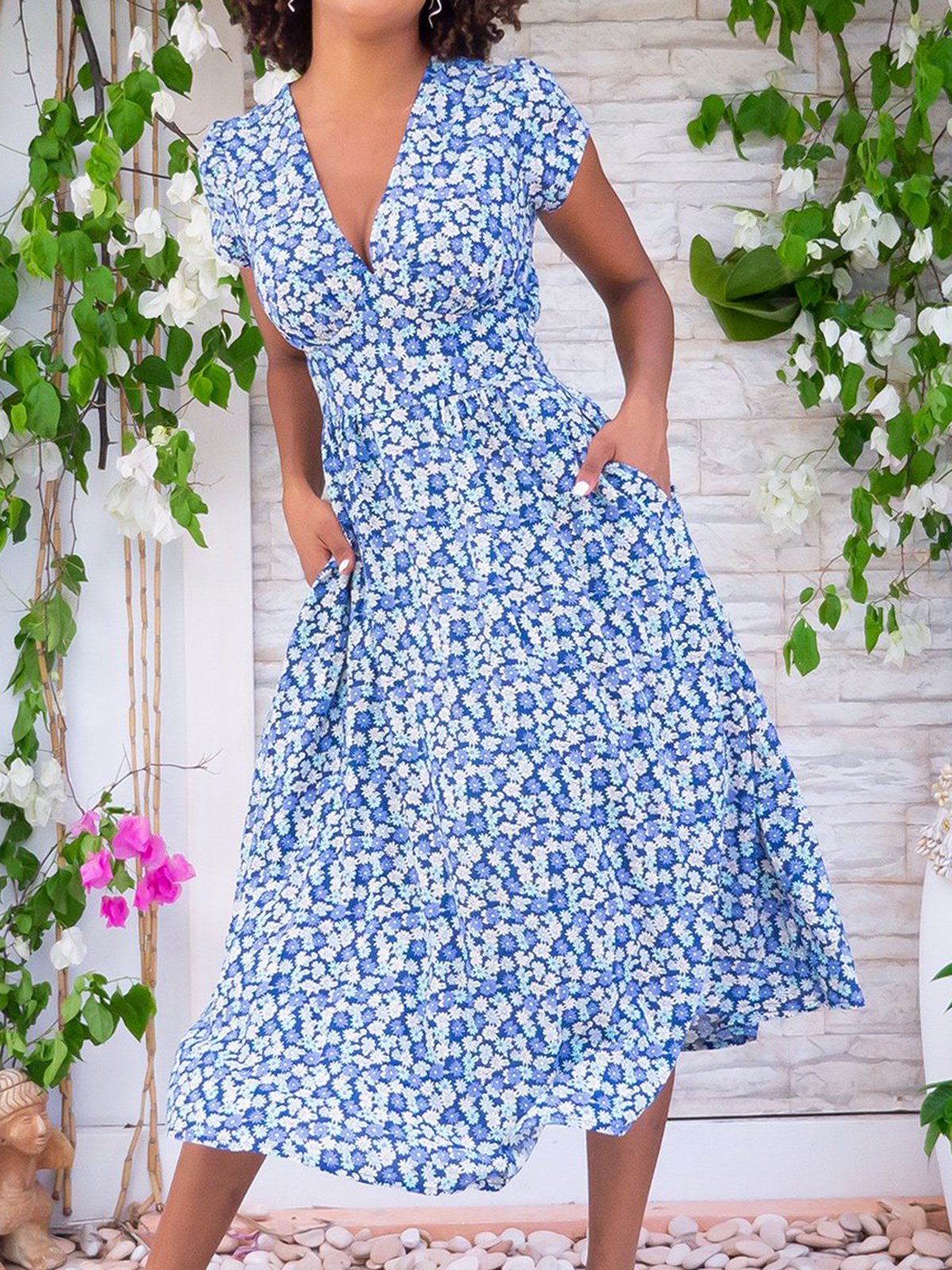 Woemn Floral Kaftan Pockets Summer Weaving Dress