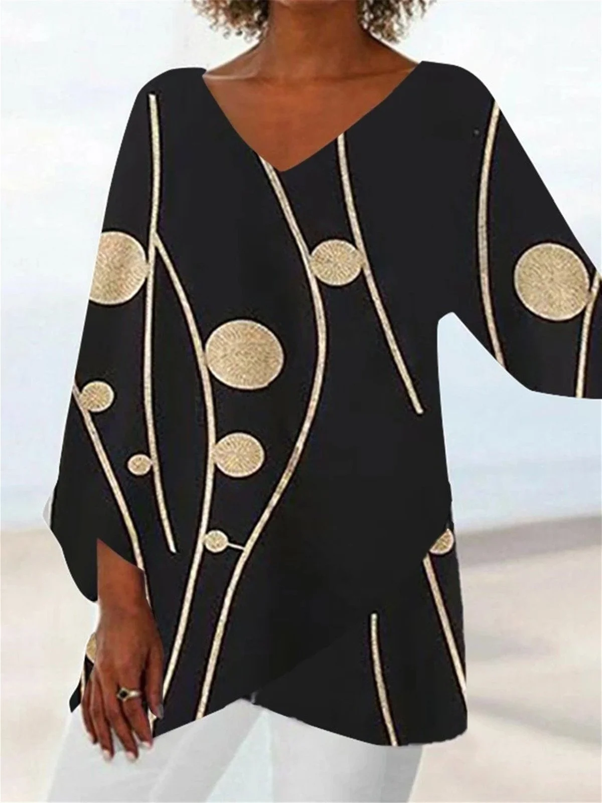 Black Crew Neck Polka Dots Tops