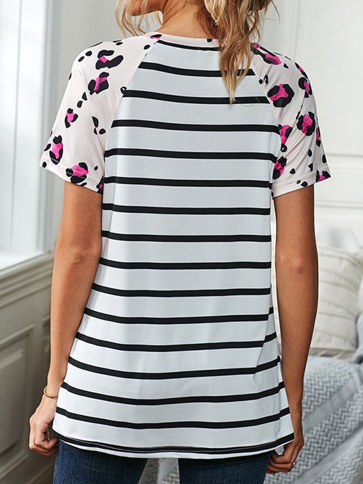 Stripe Print Patchwork Round-neck Short Sleeve Casual T-Shirt