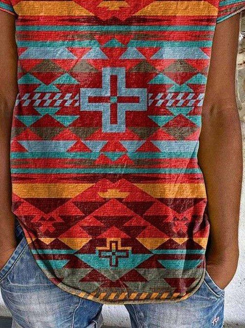 Bohemian resort style V-neck Casual Short Sleeve T-shirt