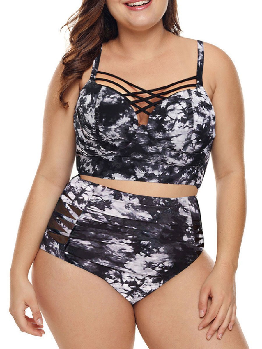 Swimsuit Top New print suspender with chest cross belt and high waist mesh splicing split Swimsuit Top