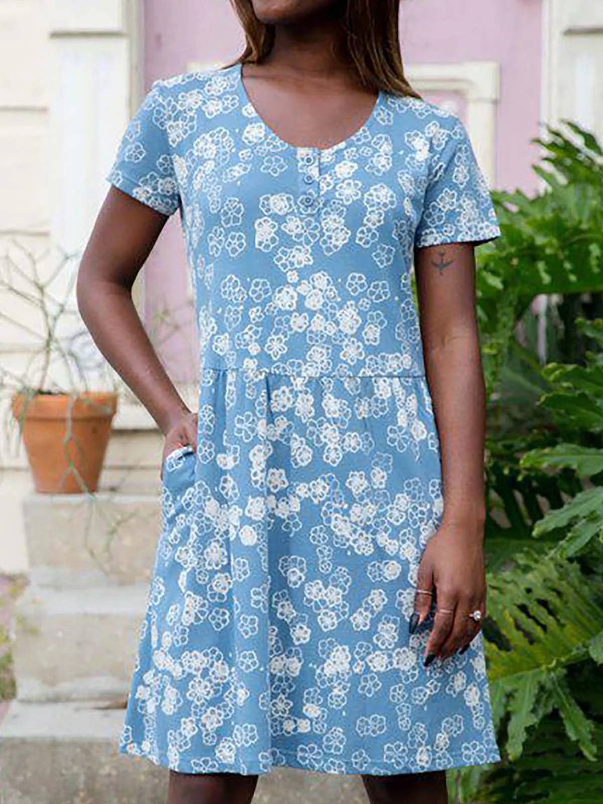 Boho Blue White Floral-print Short Sleeve Pocket Casual Knitting Dress