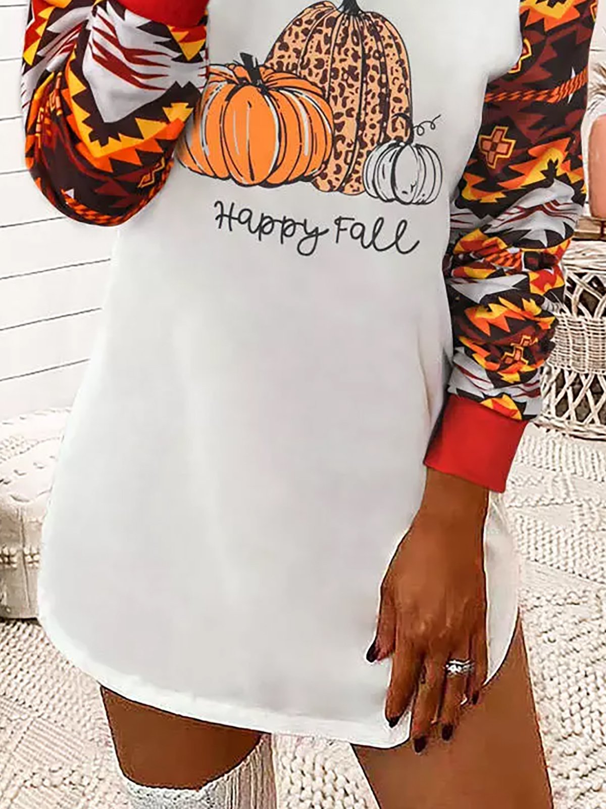 Happy Fall Aztec Geometric Pumpkin Leopard Casual Mini Knitting Dress