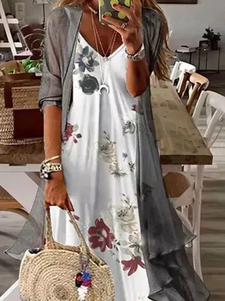 Loosen Spaghetti Floral Two Piece Long sleeve Knit Dress