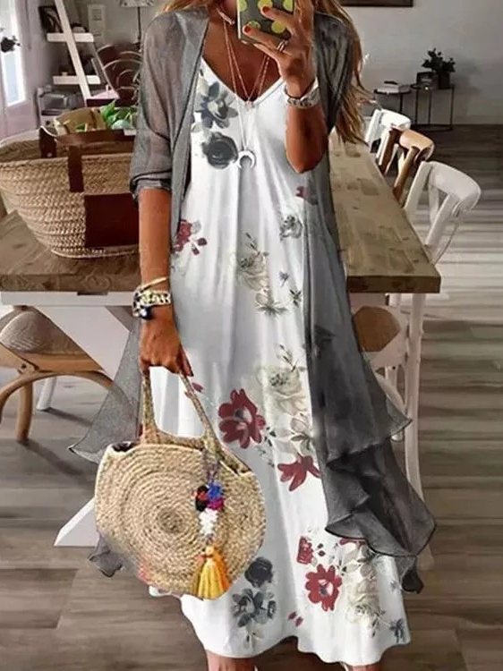 Loosen Spaghetti Floral Two Piece Long sleeve Knit Dress