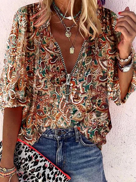 Casual Cotton Blends Paisley  Short sleeve tops