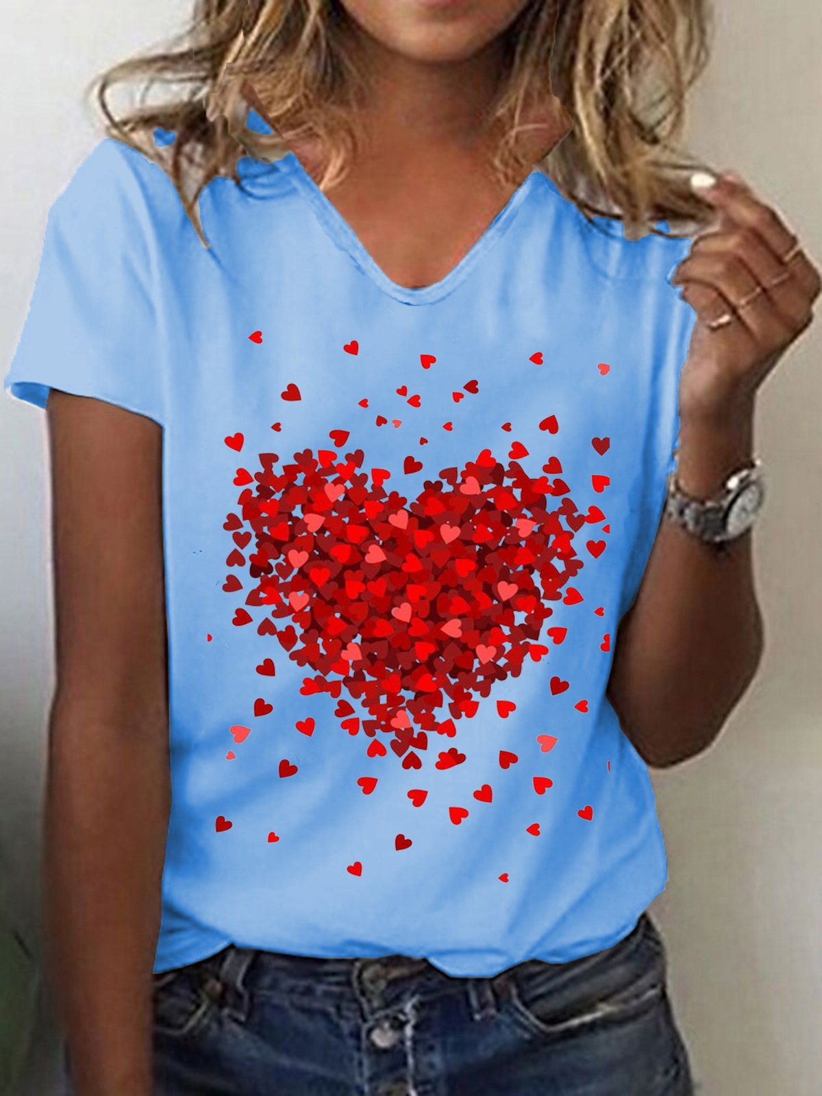 Love V Neck Casual Loosen Short Sleeve T-shirt