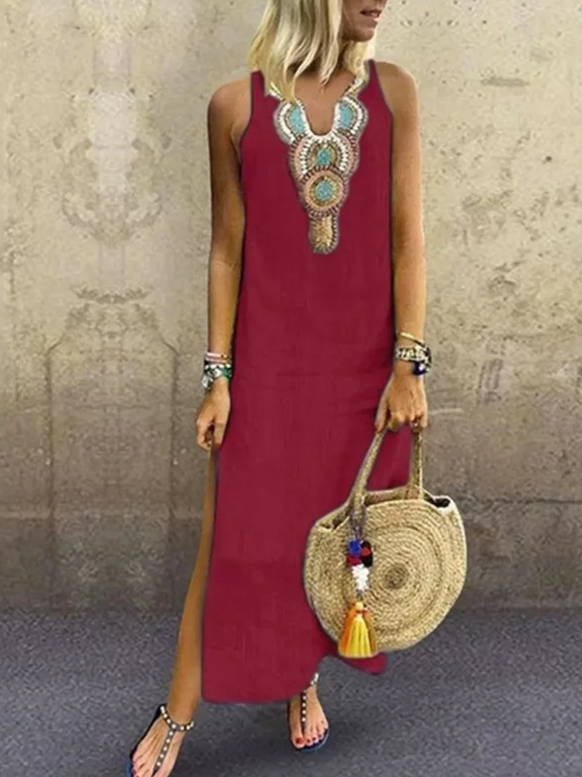 Loosen Vacation Linen Simple  Ethnic V Neck Short sleeve Woven Dress