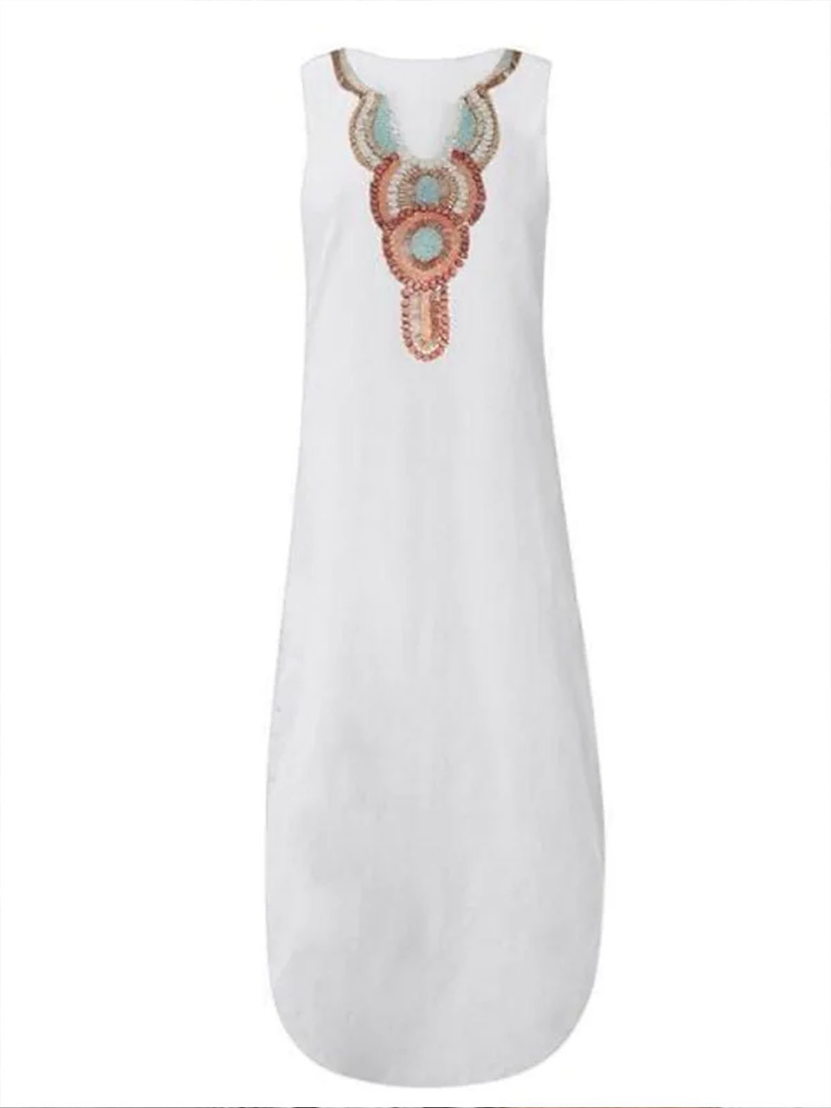 Loosen Vacation Linen Simple  Ethnic V Neck Short sleeve Woven Dress