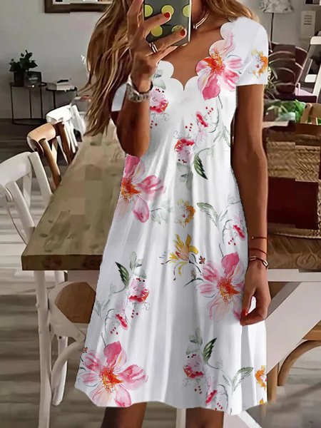 Casual Floral Short Sleeve Knit Dress