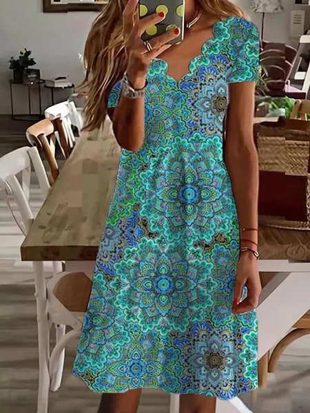 Paisley V Neck Loosen Short Sleeve Knit Dress