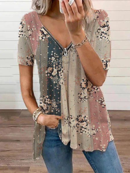 V Neck Floral Loosen Casual Short Sleeve Tops