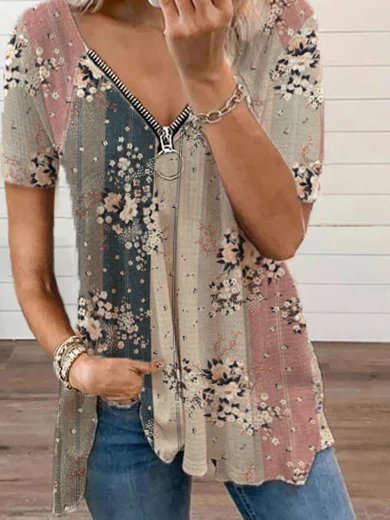 V Neck Floral Loosen Casual Short Sleeve Tops