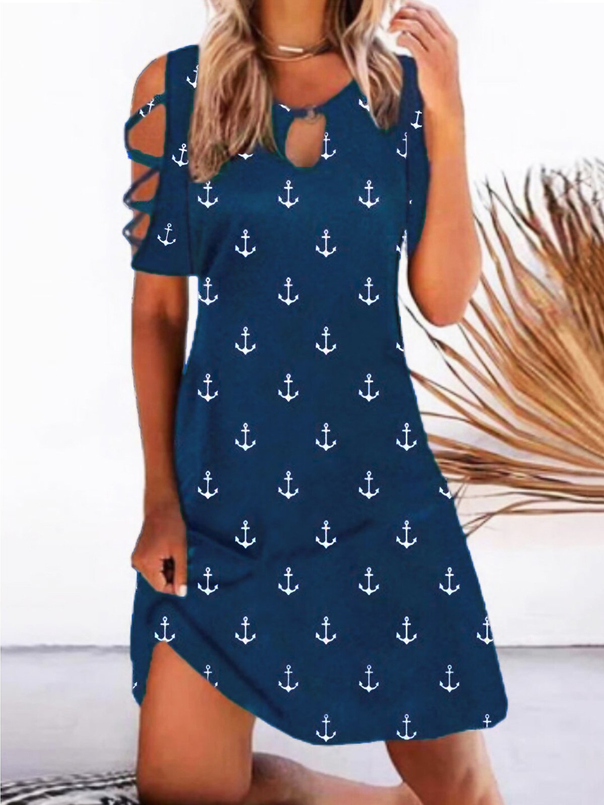 Anchor Casual Round Neck Short Sleeve A-line Dress