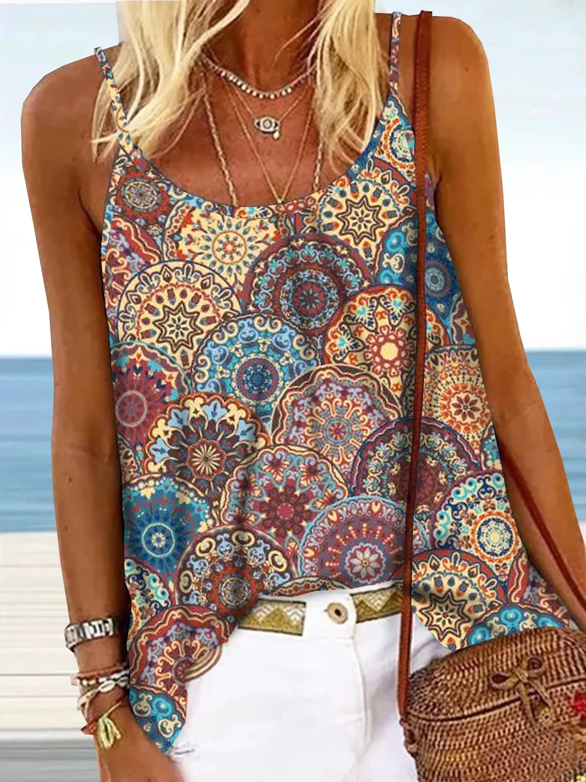 Geometric Tribal Floral Printed Vacation Boho Casual Loosen Spaghetti Tank & Cami