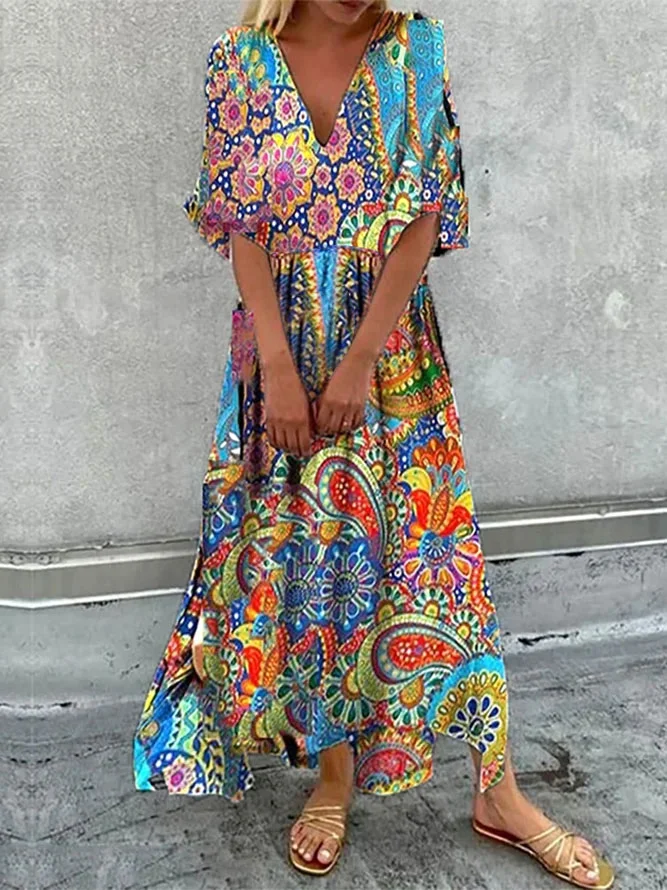 Vacation Casual Tribal Printed V-neck Regular Fit Maxi Dresses