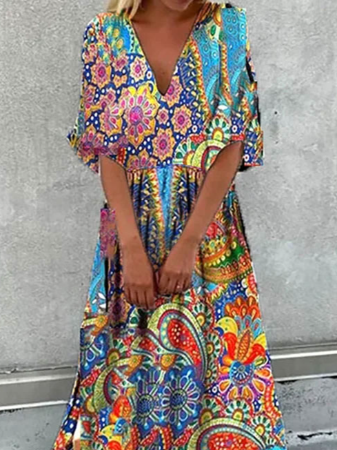 Vacation Casual Tribal Printed V-neck Regular Fit Maxi Dresses