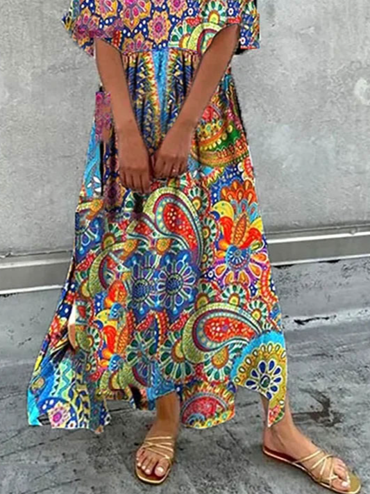 Vacation Casual Tribal Printed V-neck Regular Fit Maxi Dresses