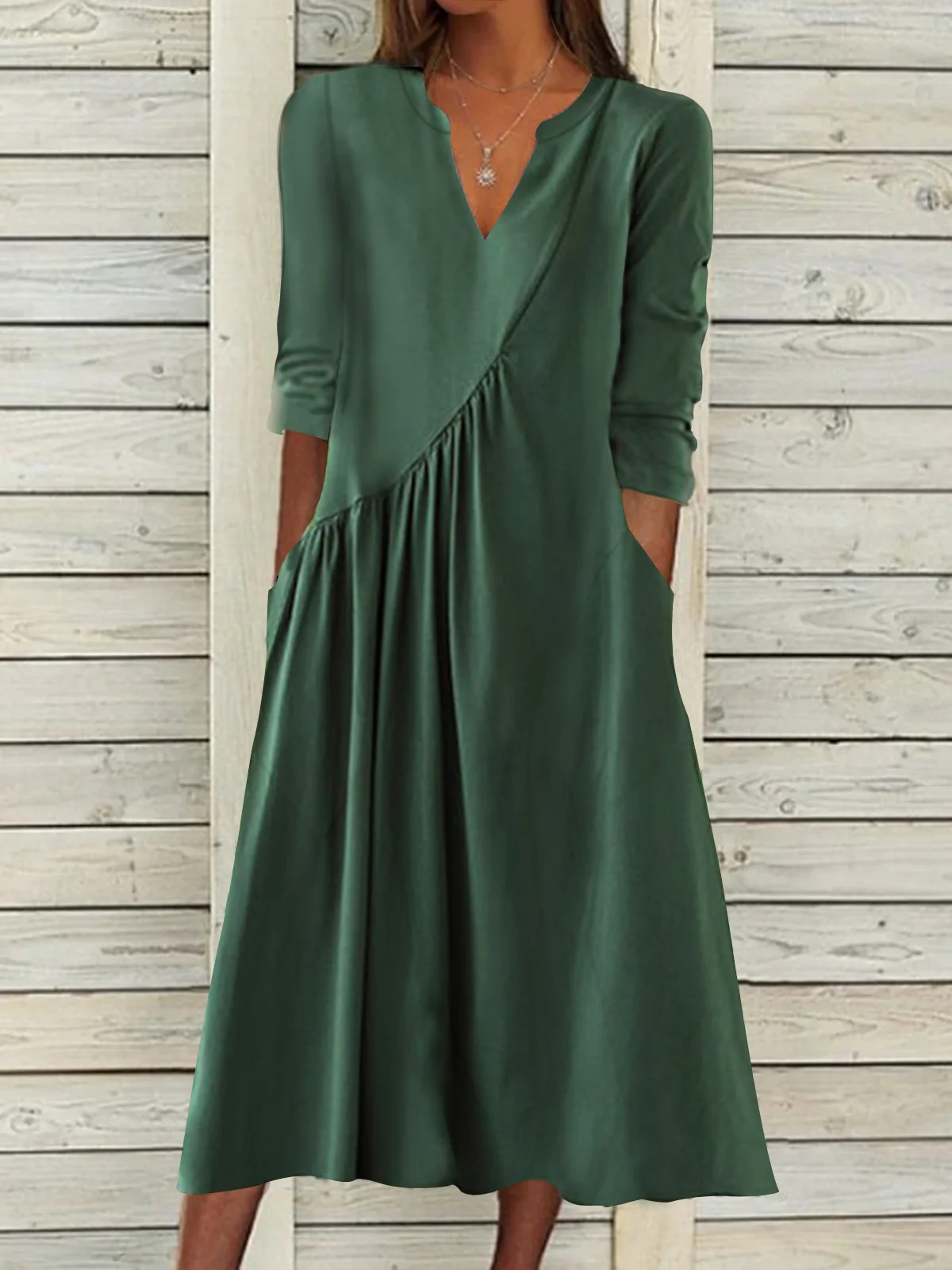 V Neck Plain Casual Ruched Dresses