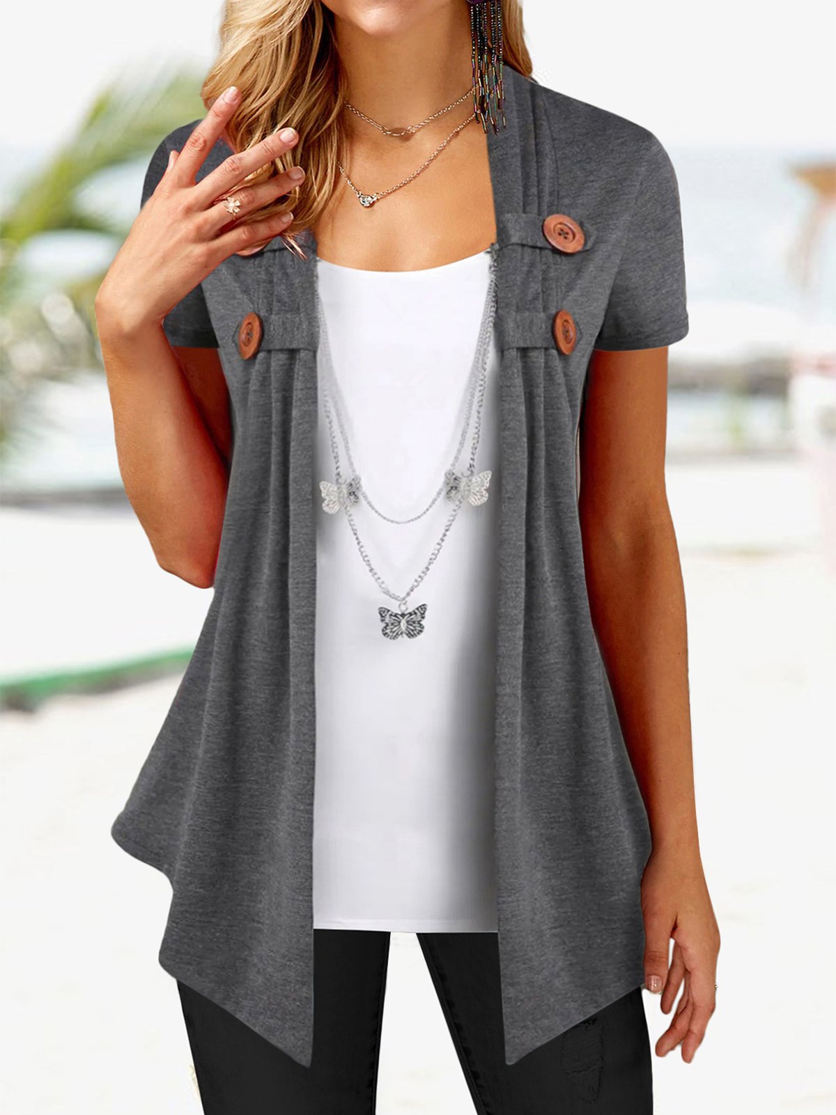 Casual Asymmetric Plain Fit Fake Two Piece T-Shirt