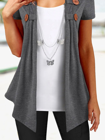 Casual Asymmetric Plain Fit Fake Two Piece T-Shirt