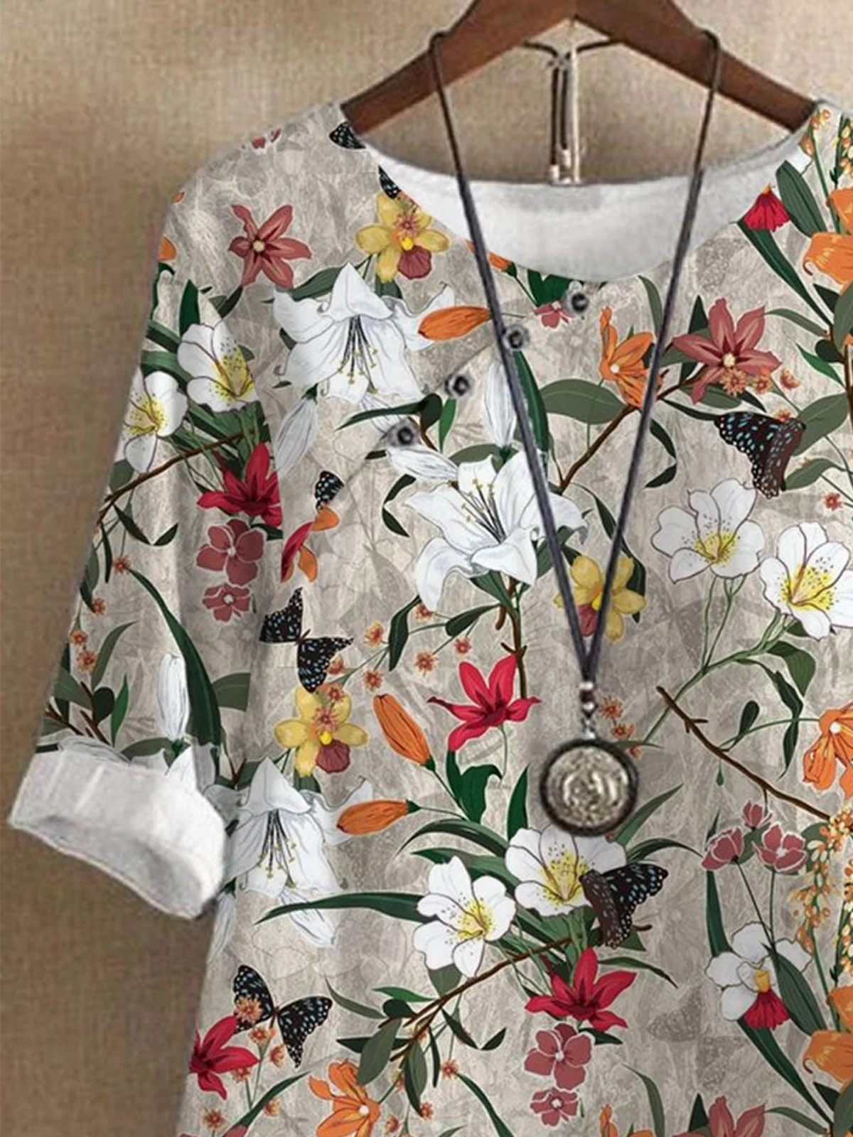 Floral Crew Neck Buttoned Tops