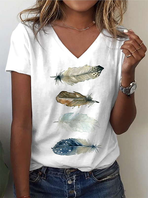 Feather Pattern V Neck Casual T-Shirt