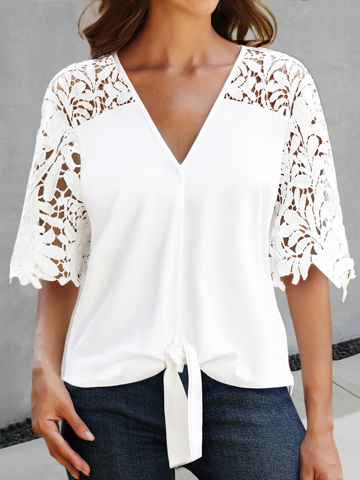 Casual Lace V Neck Plain Loose Tops