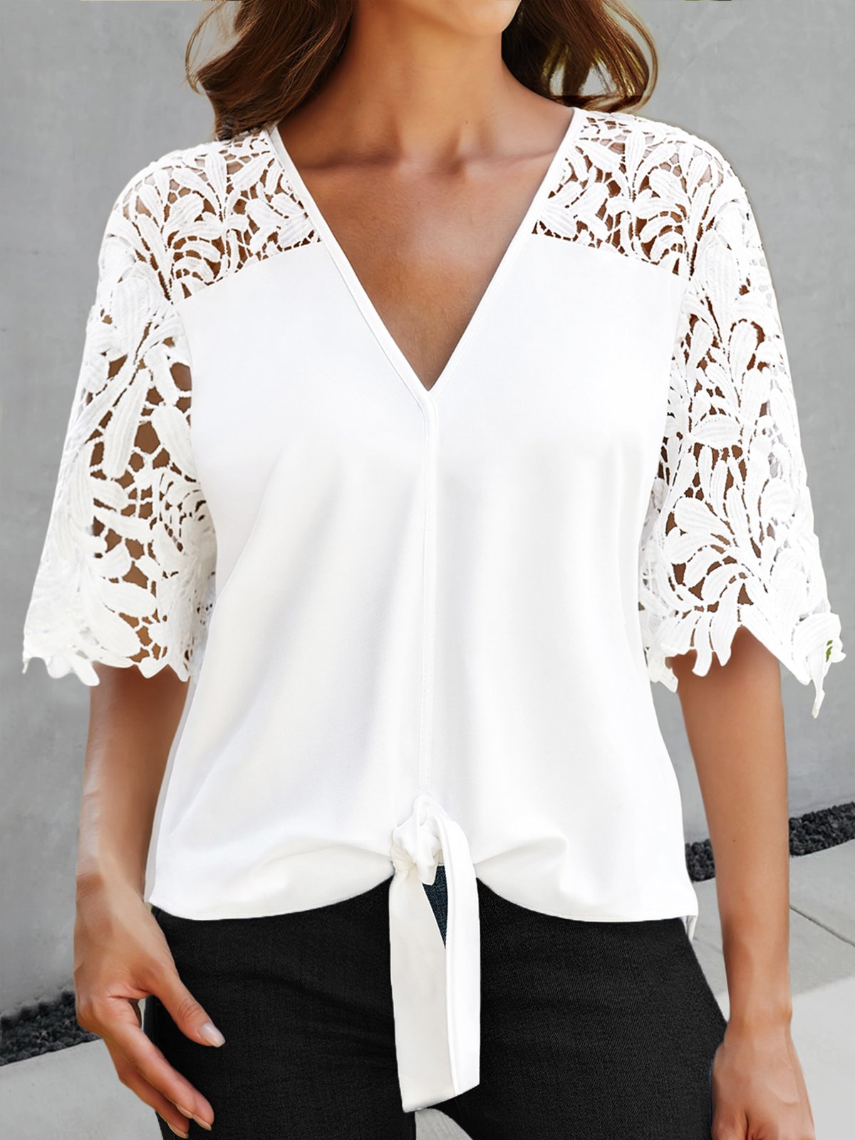 Casual Lace V Neck Plain Loose Tops