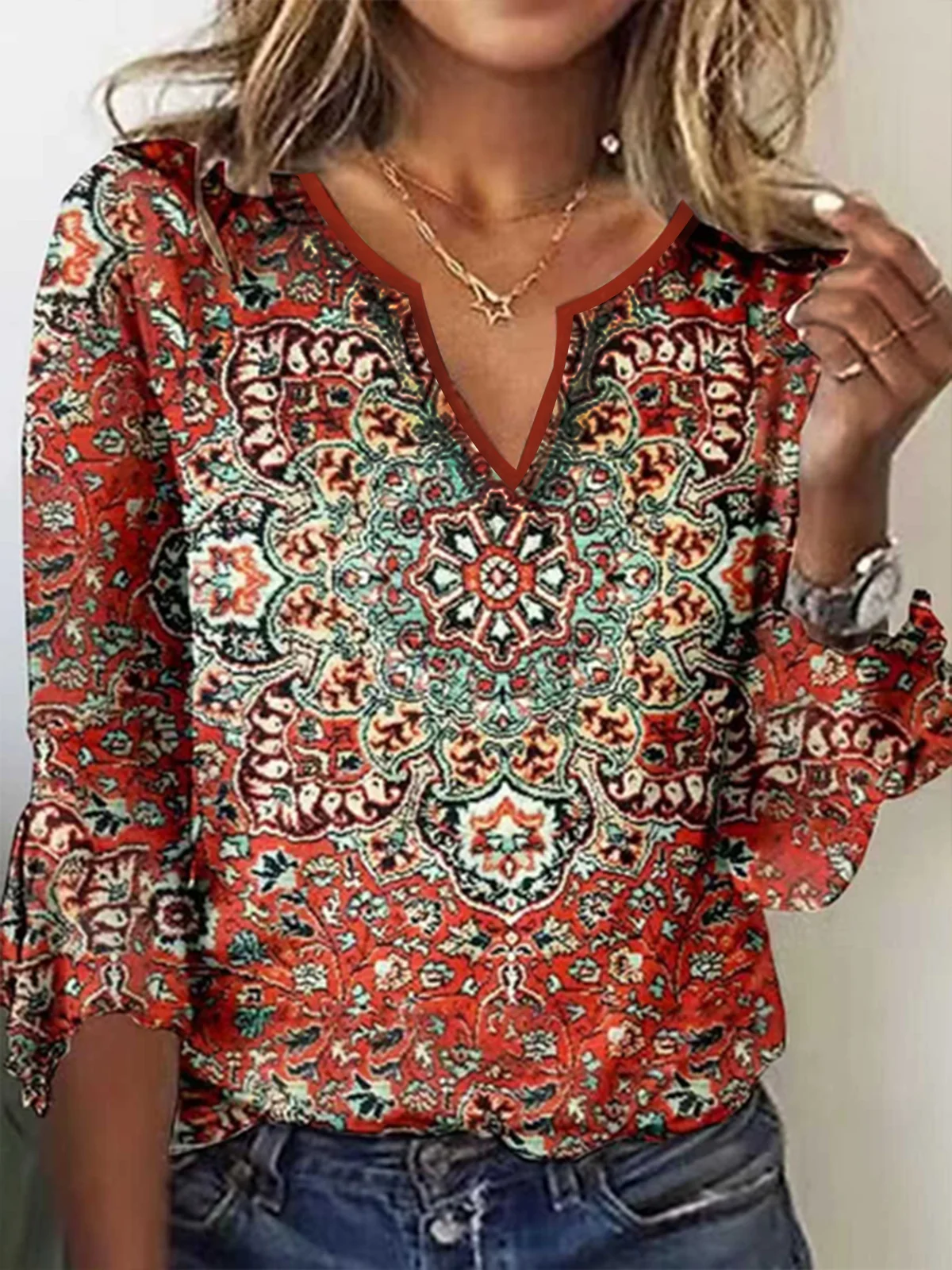 Ethnic Loose V Neck T-Shirt