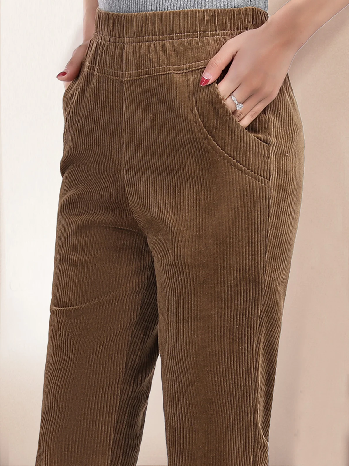 Corduroy elastic waist pocket loose pants plus size