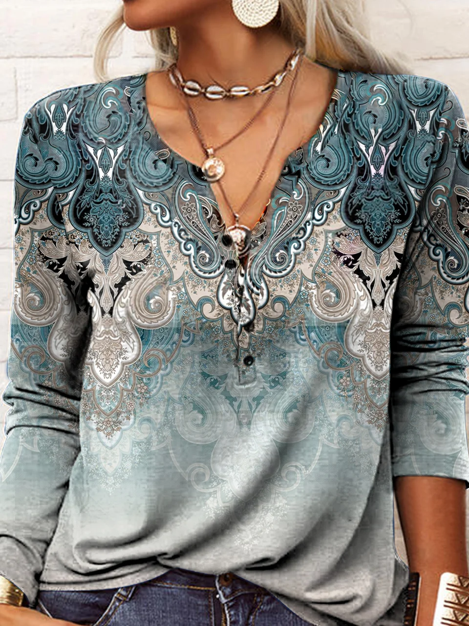 Regular Fit Half Open Collar Ethnic Boho Tops