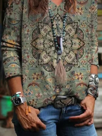 Ethnic V Neck Loose T-Shirt